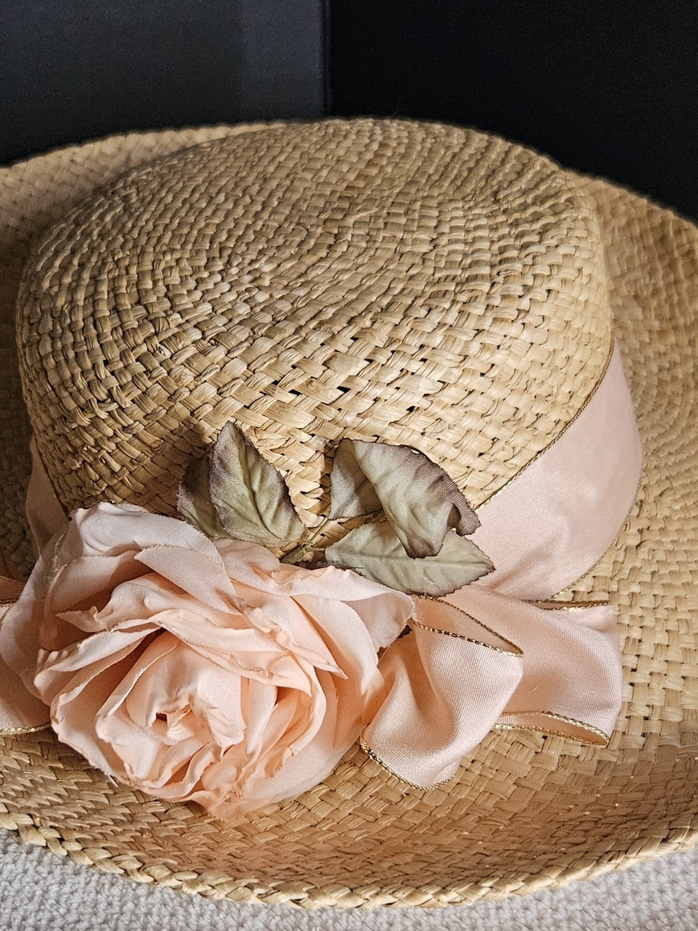Straw Sun Hat with Blush Pink Ribbon & Flower